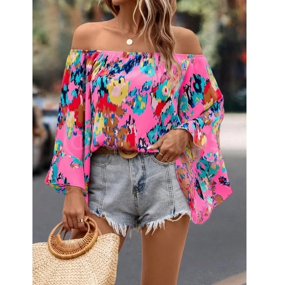 Pink Off Shoulder Abstract Print Flared Sleeve Shirt Top - Picture 4 of 8